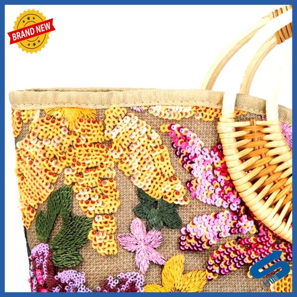 Handmade Rattan Wood Handle Sequin Embroidered Floral Tote Beach Bag - Picture 3 of 6